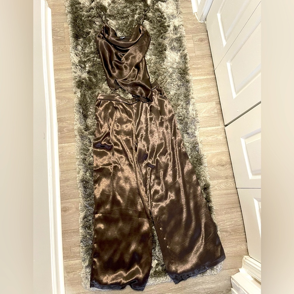 Satin Brown Two-Piece Set